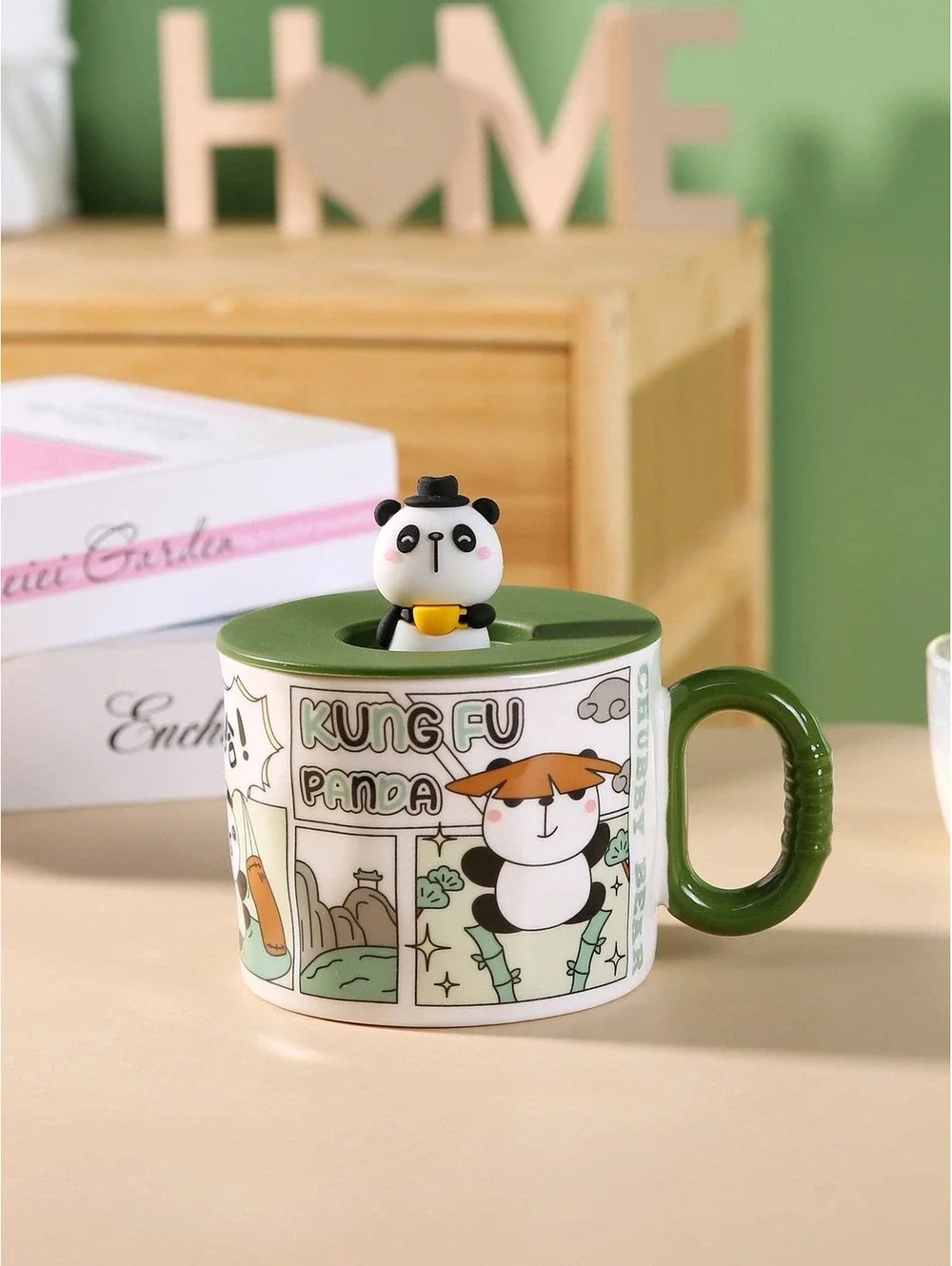 Comic Panda 14oz Mug With Lid and Spoon